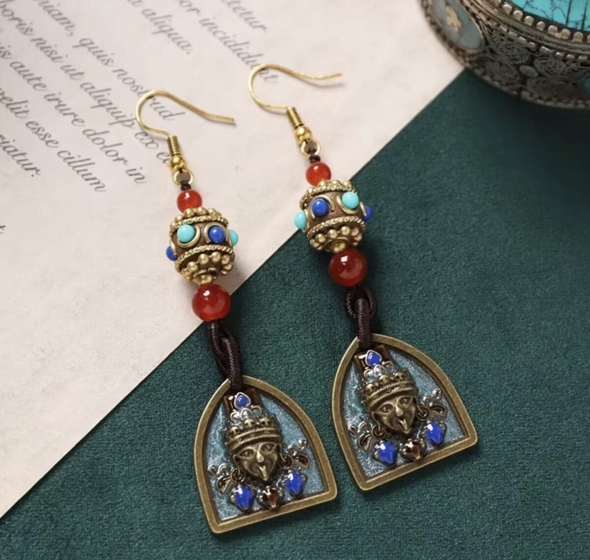 Handmade Enamel Turquoise Drop Earrings Vintage Boho Dangle image 1