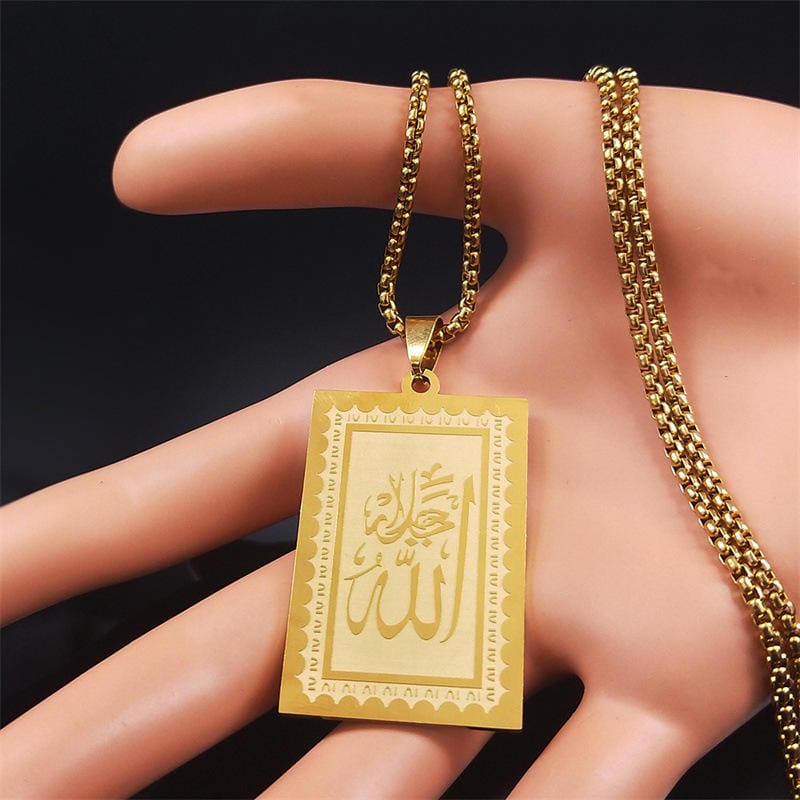 Islamic Allah Arabic Calligraphy Pendant Necklace Gold Plated Stainless Steel image 1