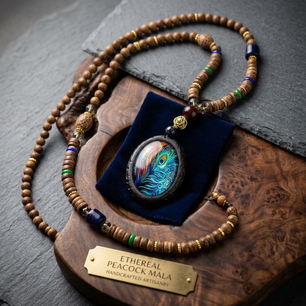 Peacock Statement Mala Necklace with Wooden Beads Pendant image 1