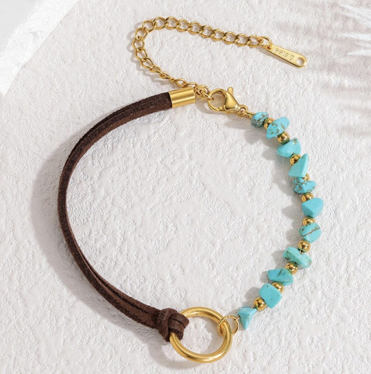 Bohemian Turquoise Beaded Bracelet Leather Cord Gold Chain Unisex image 1