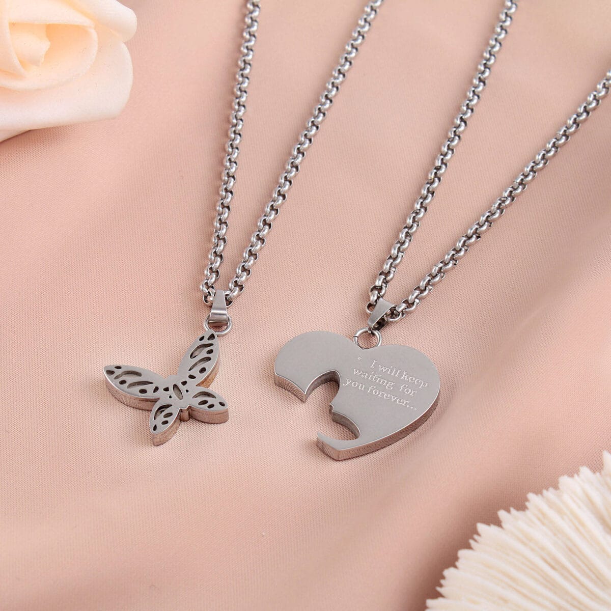 Heart Butterfly Pendant Necklace Stainless Steel Couples Jewelry Gift image 1