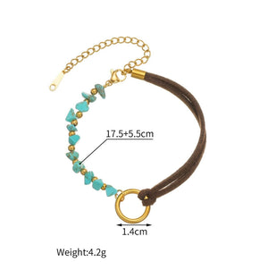 Bohemian Turquoise Beaded Bracelet Leather Cord Gold Chain Unisex - Design 2 image