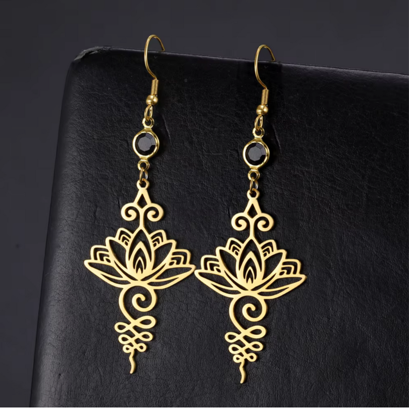 Boho Unalome Lotus Earrings – Golden Stainless Steel image 1