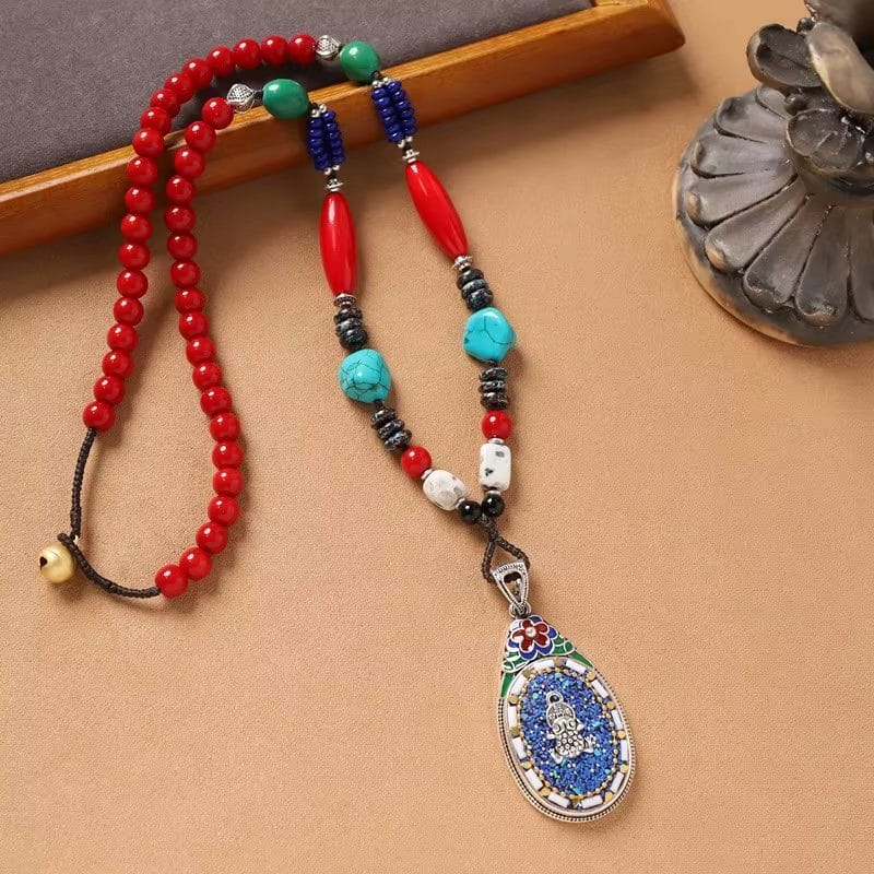 Handmade Enamel Turquoise Brass Pendant Necklace Vintage Design image 1