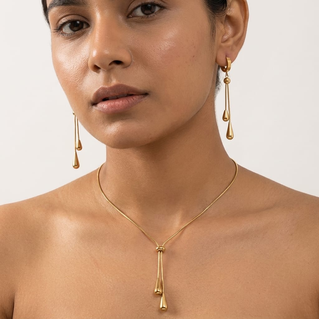 18K Gold Drop Necklace & Earrings Set – Stainless Steel Jewelry image 1