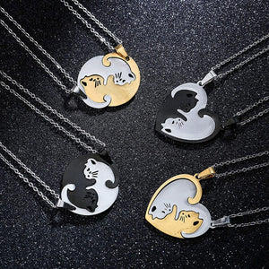 Black & White Cat Couple Necklace Stainless Steel Friendship Pendant Set image 0