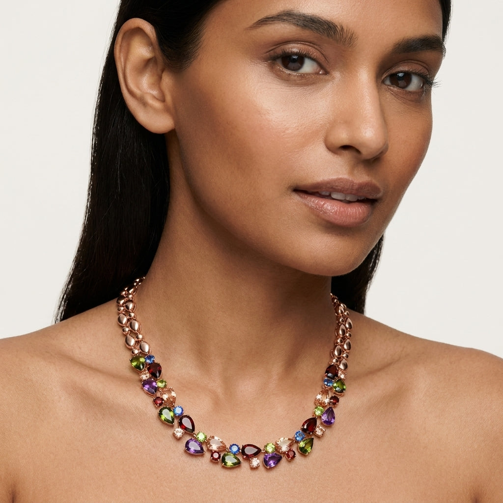 REYLVA Multicolour Crystal Statement Necklace for Women | Rose Gold Tone – product image 2