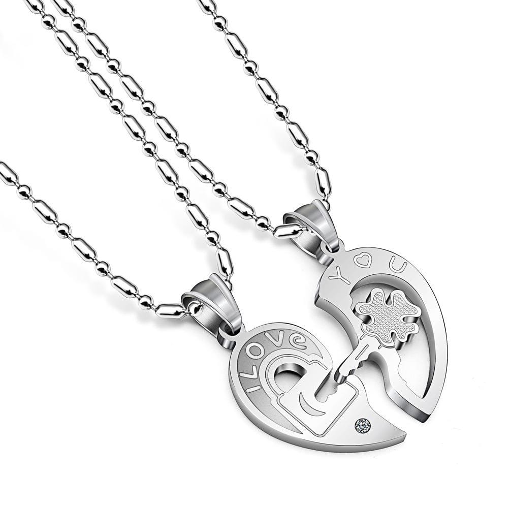 Couple Heart Lock Key Pendant Necklace Stainless Steel image 1