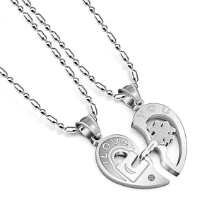 Couple Heart Lock Key Pendant Necklace Stainless Steel image 1