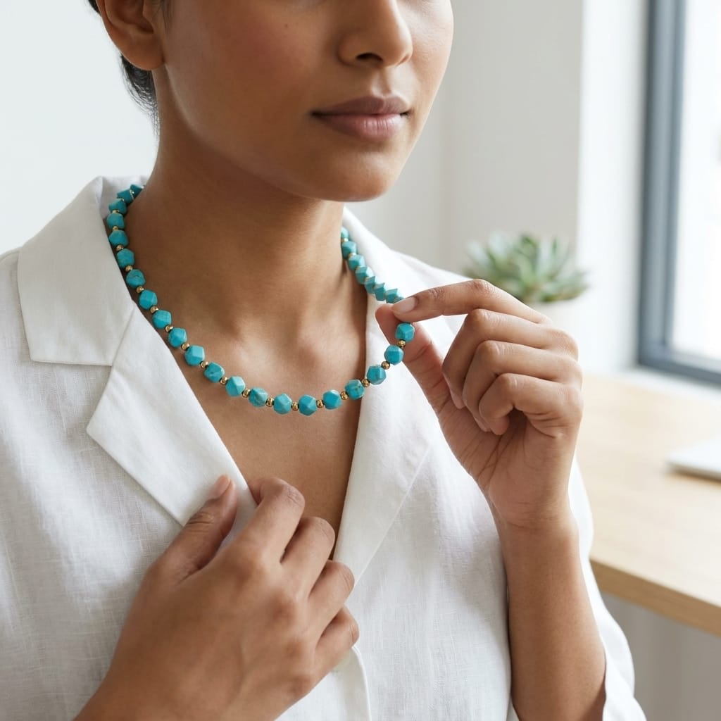 Turquoise Beaded Necklace for Women Adjustable Gold Tone Chain Minimal Stylish Stone Jewelry image 1
