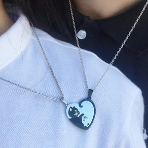 Black & White Cat Couple Necklace Stainless Steel Friendship Pendant Set - Heart Shape image