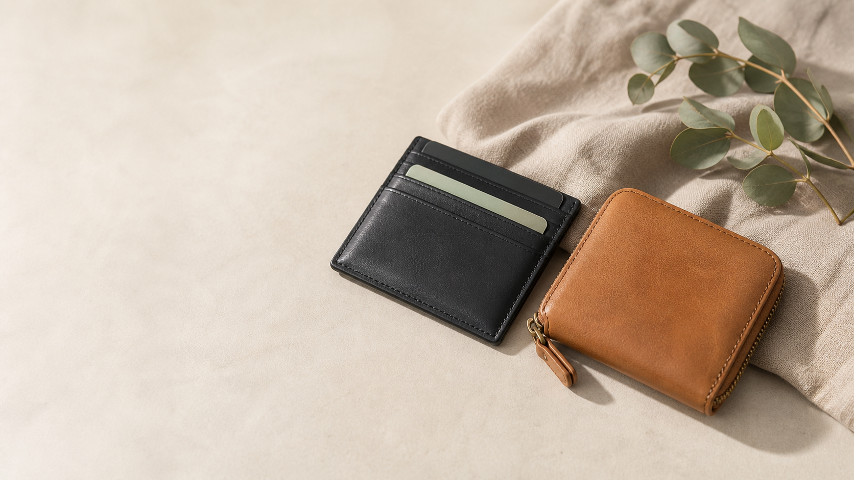Editorial comparison of a slim card holder and compact wallet