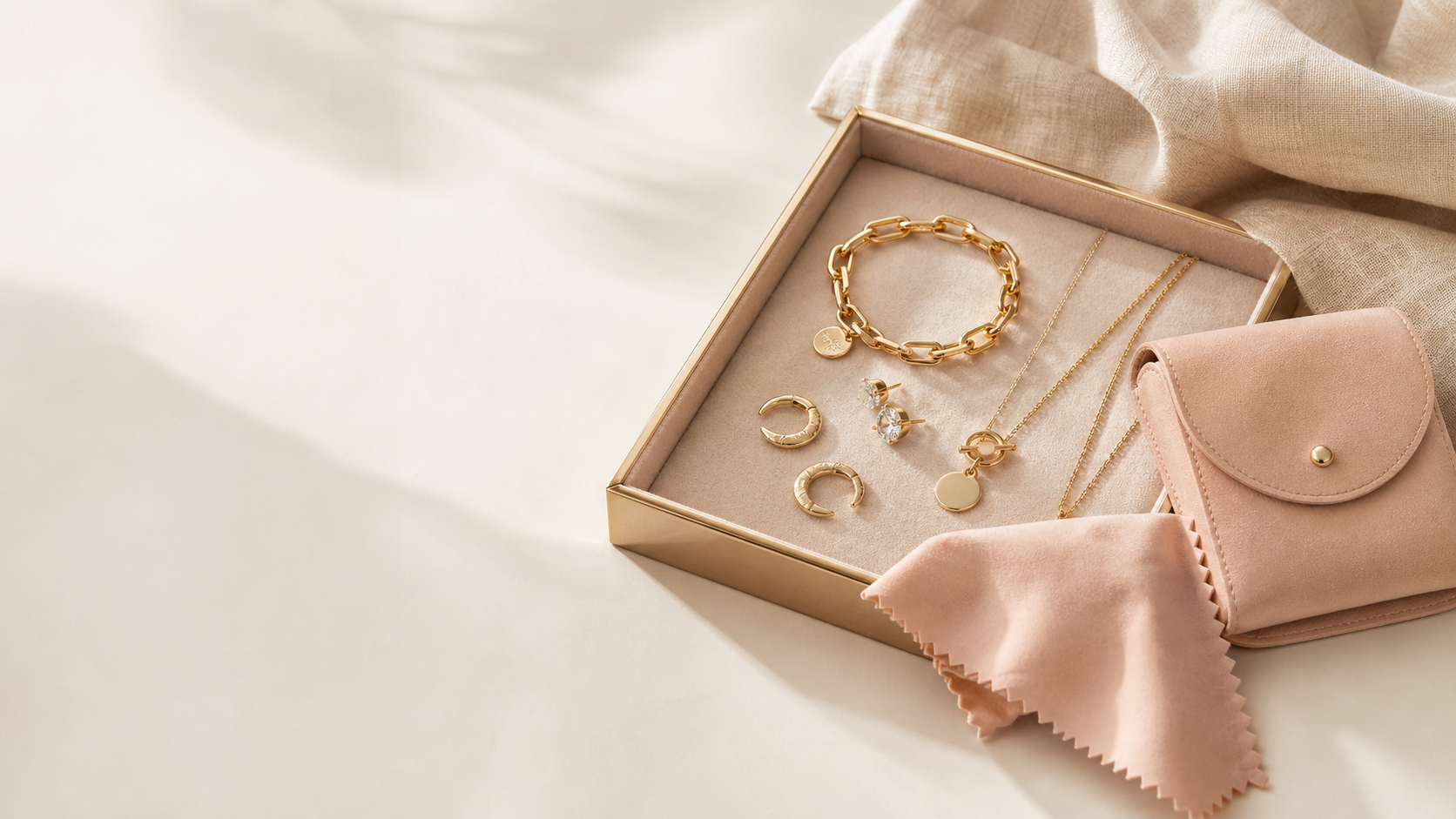 Editorial jewellery care guide with cloth and jewellery tray