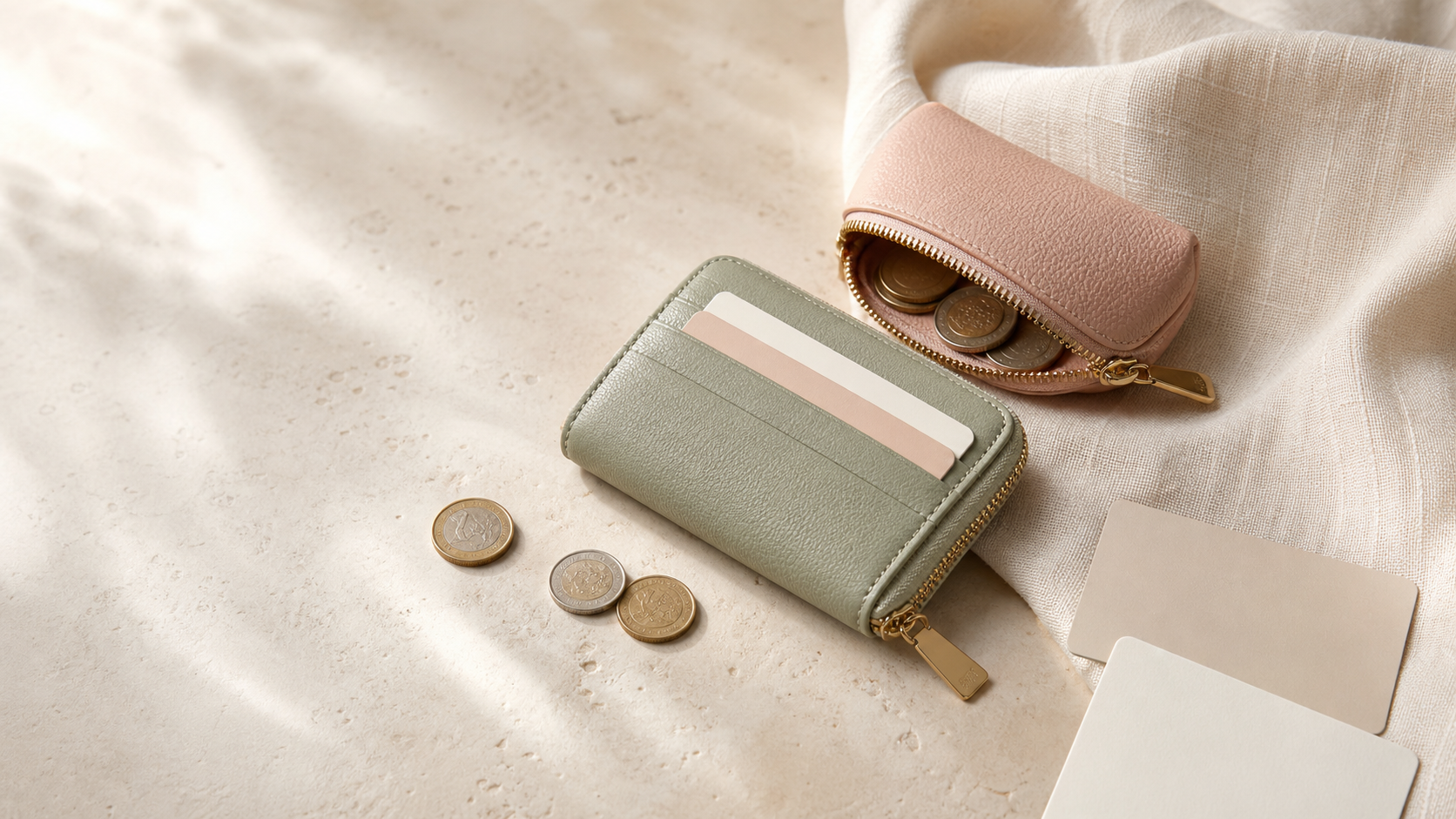 Small zip wallet, card holder and coin purse arranged on a warm neutral surface