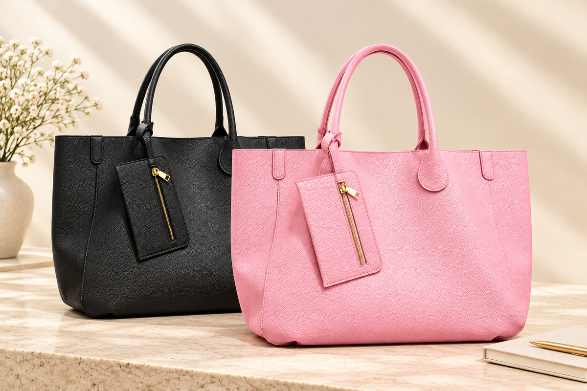 REYLVA black and light-pink large tote handbags with matching zip pouches on a neutral tabletop
