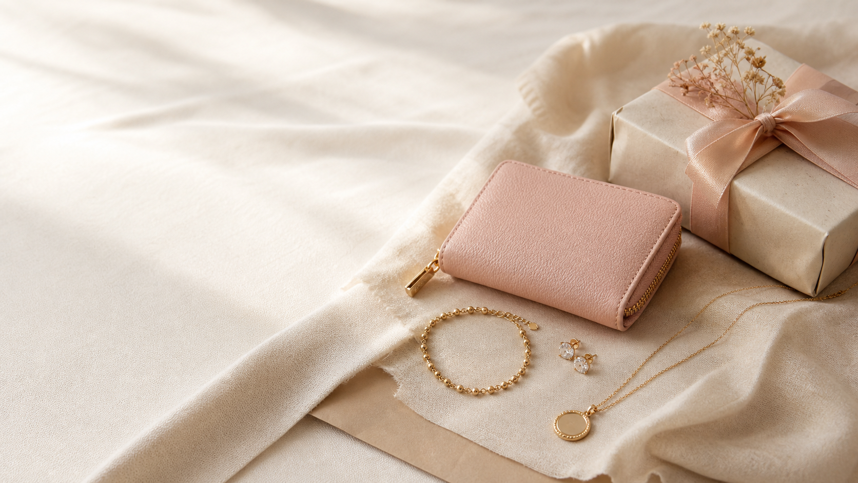 Editorial small gifts guide with wallet and jewellery