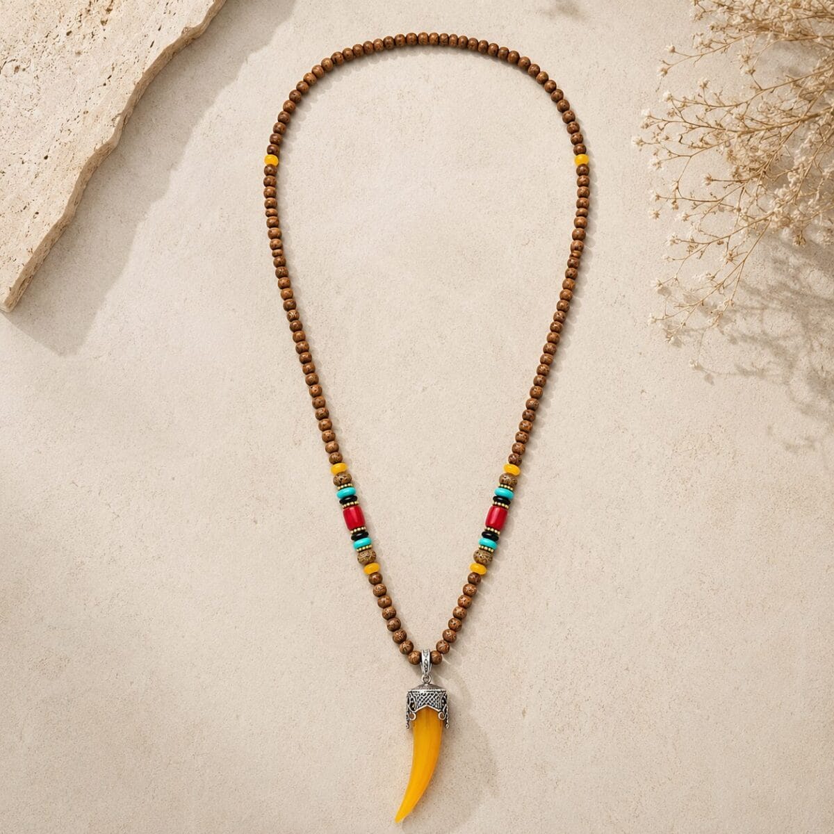 Bohemian Horn Pendant Wooden Bead Necklace for Men &amp; Women image 1