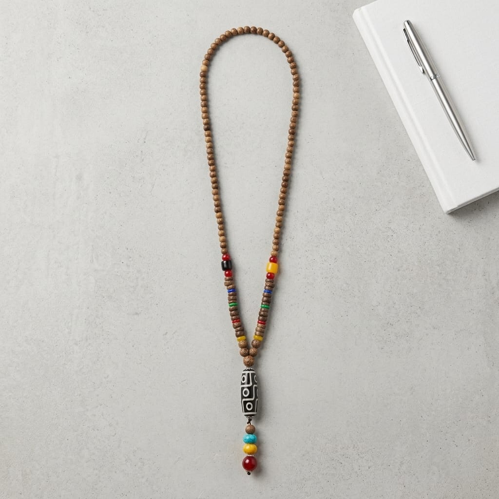Statement Long Mala Necklace with Tribal Pendant (Boho Style) image 1