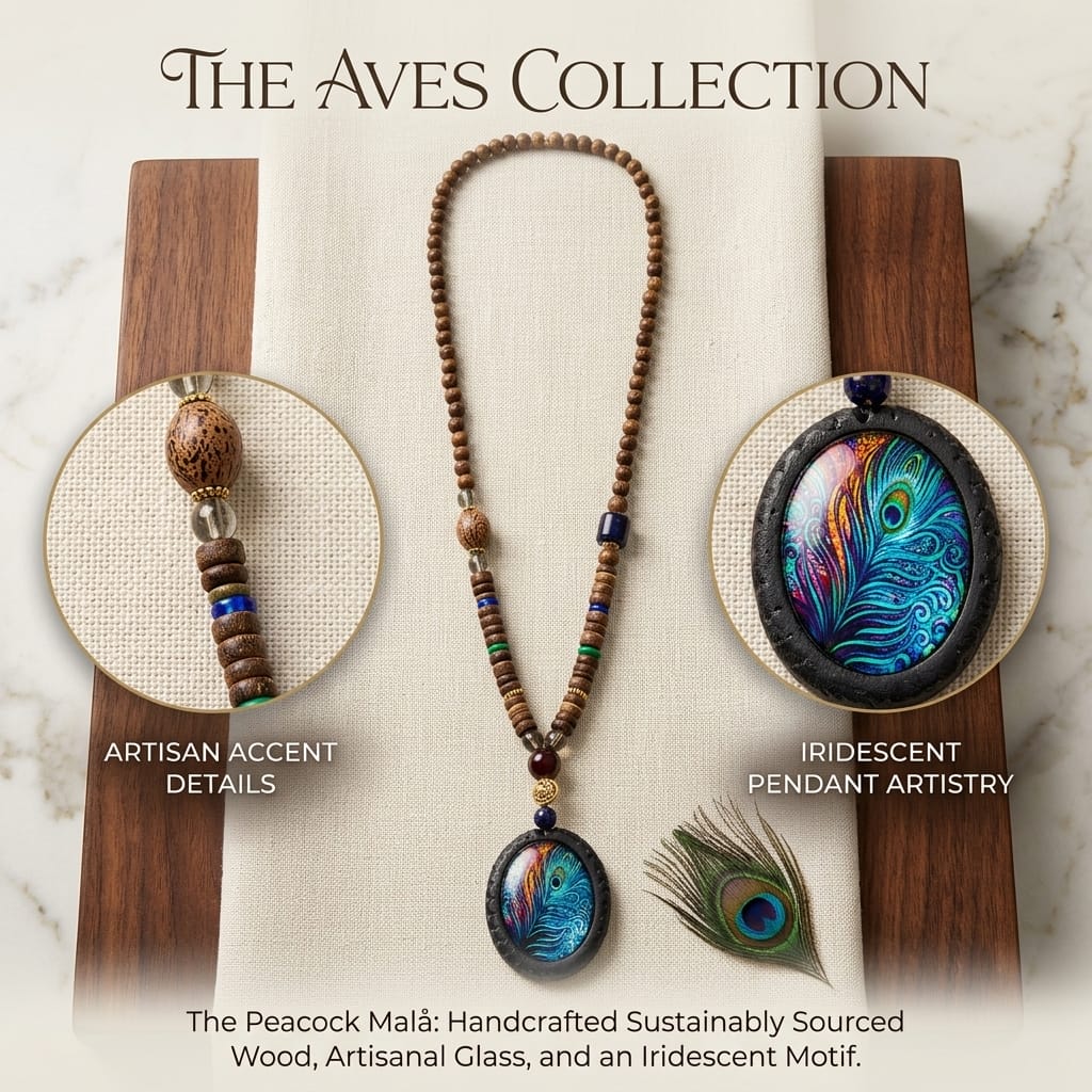 Peacock Statement Mala Necklace with Wooden Beads Pendant image 2