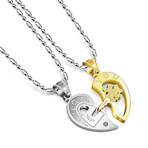 Couple Heart Lock Key Pendant Necklace Stainless Steel image 0