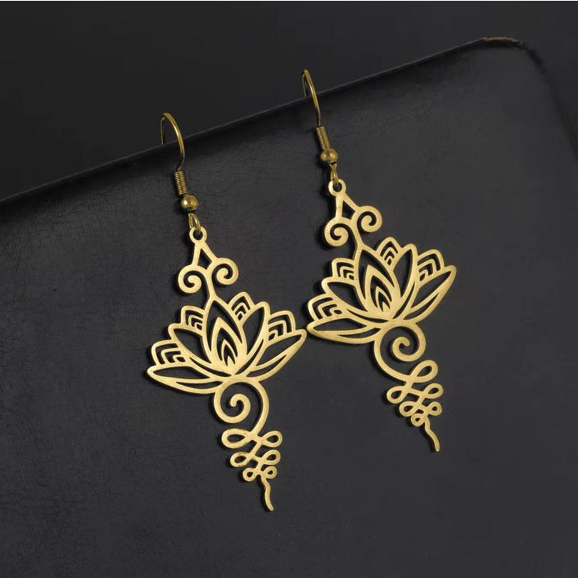 Boho Unalome Lotus Earrings – Golden Stainless Steel image 2