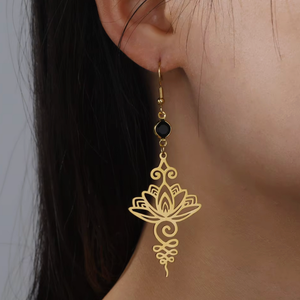 Boho Unalome Lotus Earrings – Golden Stainless Steel image 0