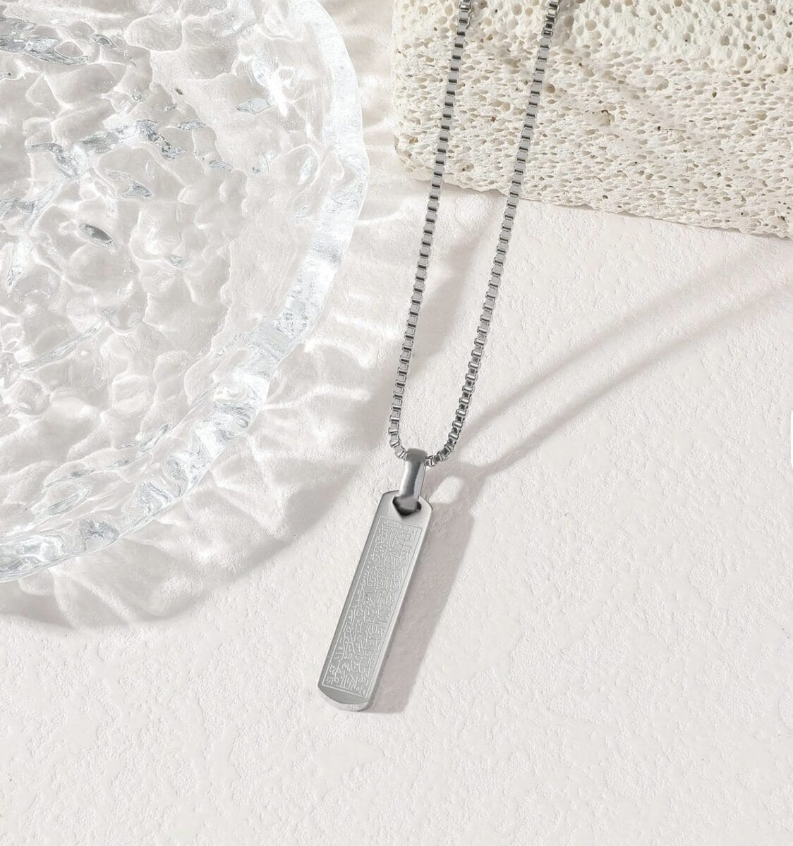 Rectangular Arabic Calligraphy Pendant Necklace – 316L Waterproof Stainless Steel Platinum Plated - Silver image