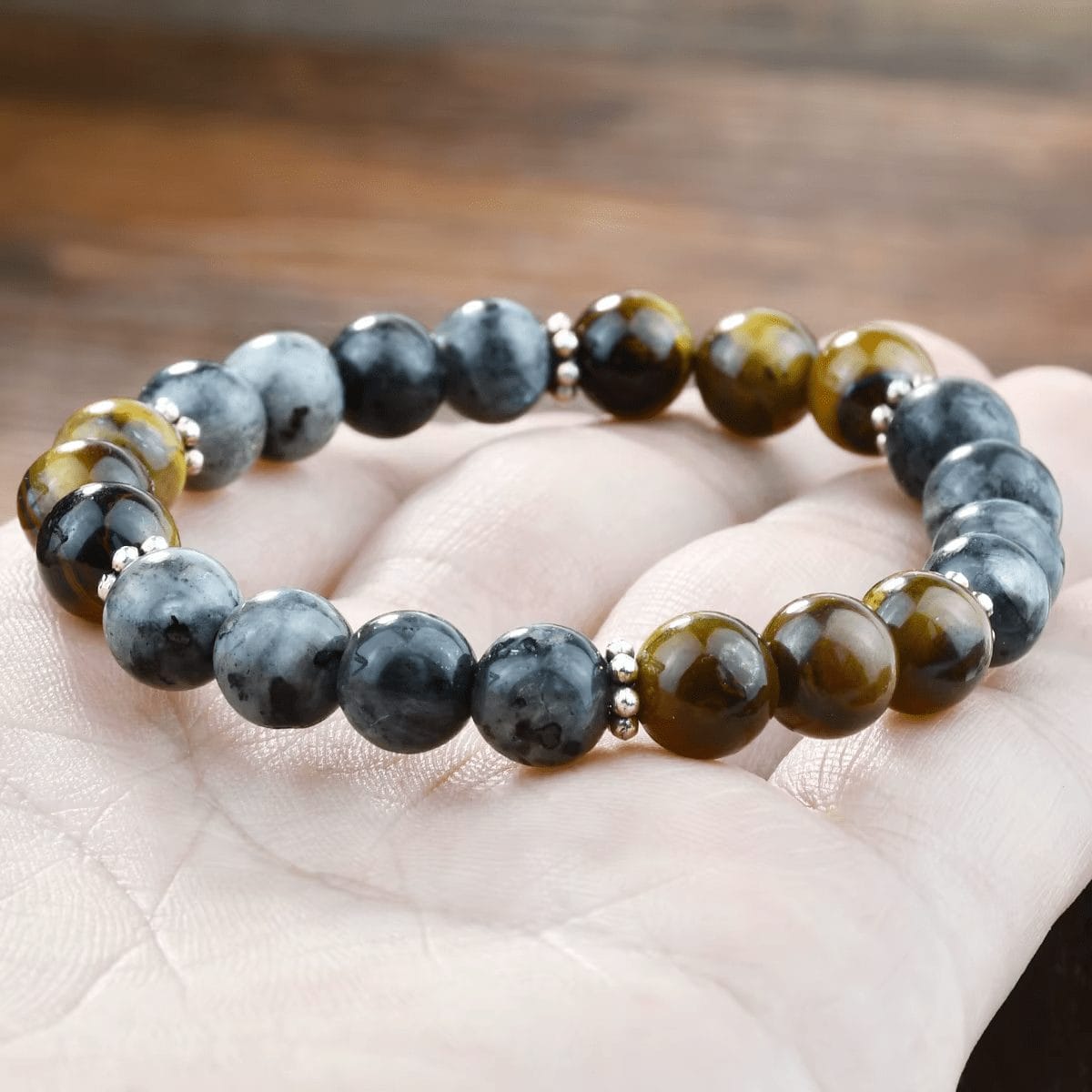 Tiger Eye and Turquoise Stone Beaded Bracelet Unisex - Black Glitter Stone image