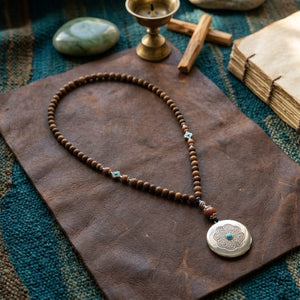 Long Spiritual Mala Necklace with Silver Mandala Pendant image 0