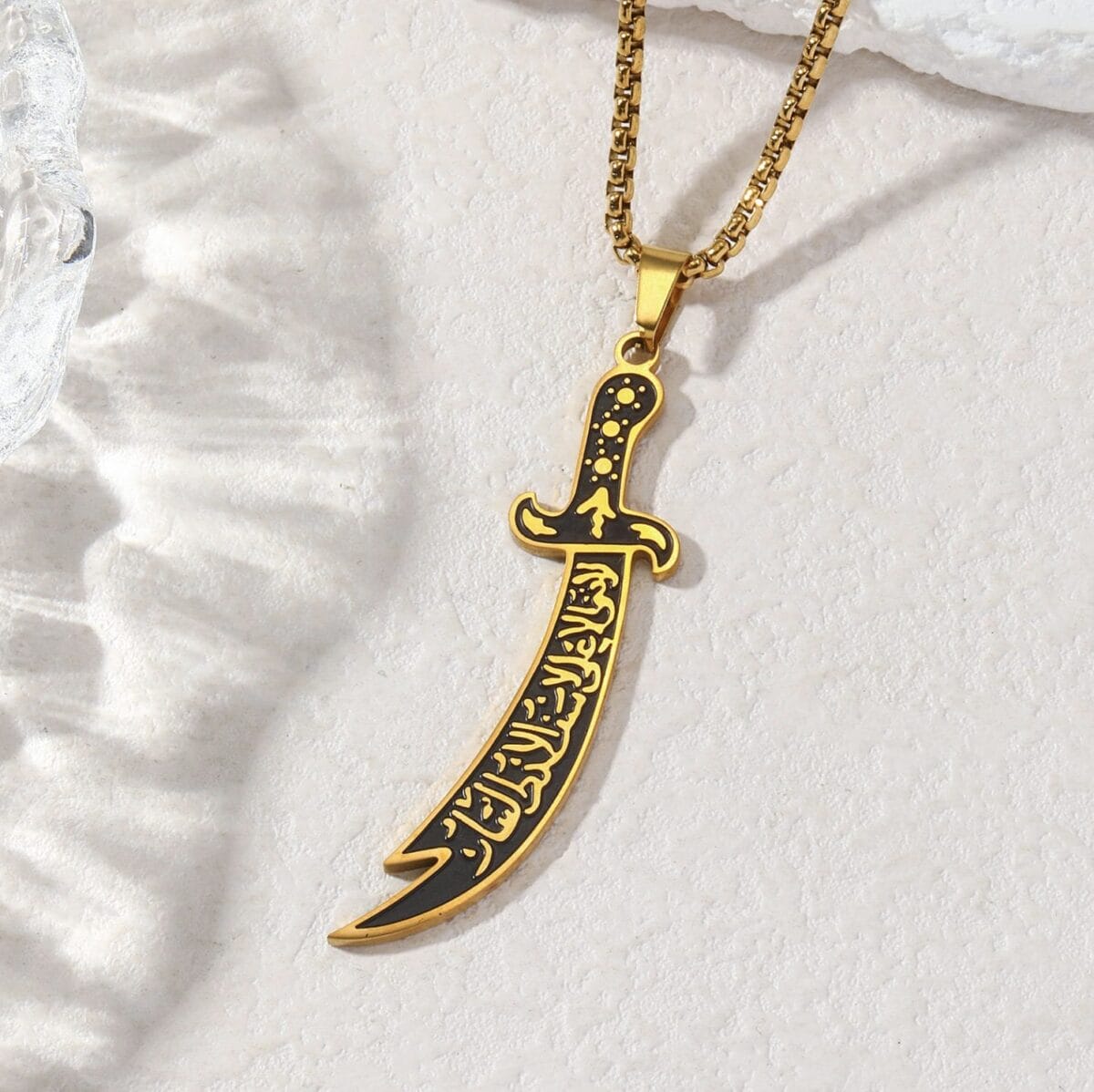 Scimitar Zulfiqar Sword Pendant Necklace – Stainless Steel Enamel Amulet Chain - Gold image