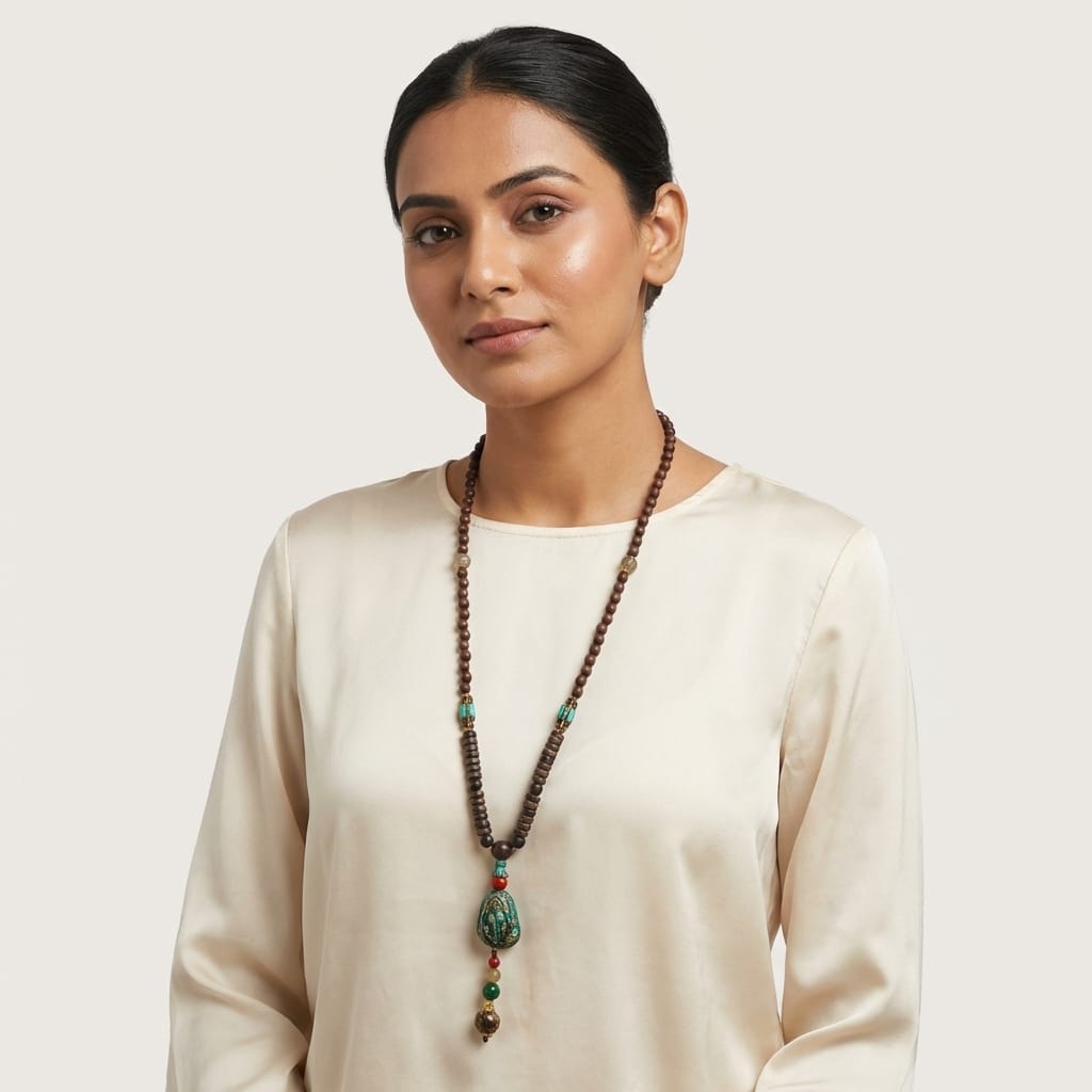 Standout Long Mala Necklace with Stone Pendant (Boho Ethnic Style) image 1