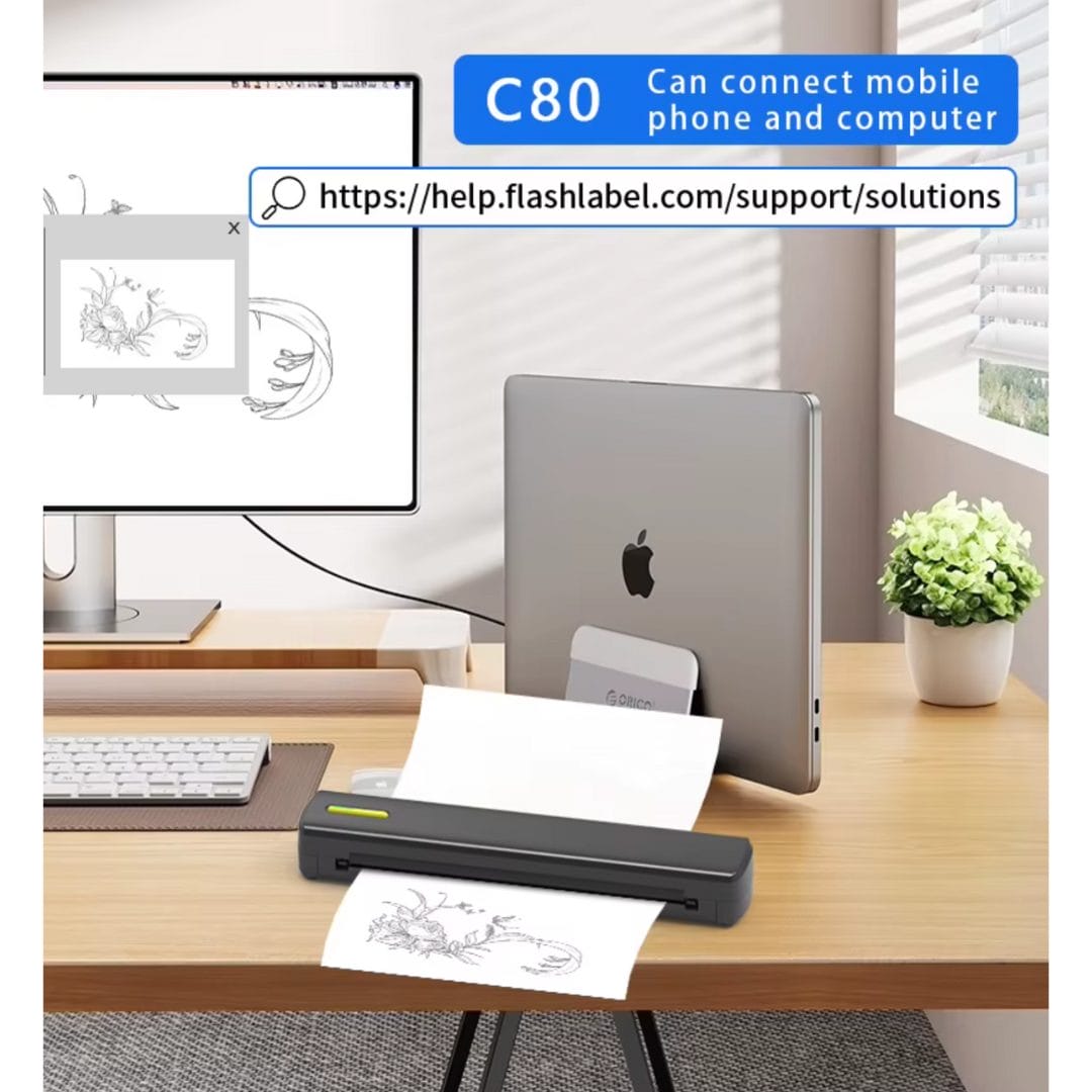 C80 A4 Portable Wireless Thermal Printer (Inkless, USB + Bluetooth) + A4 paper pack image 4
