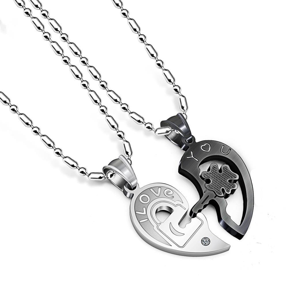 Couple Heart Lock Key Pendant Necklace Stainless Steel - Black image