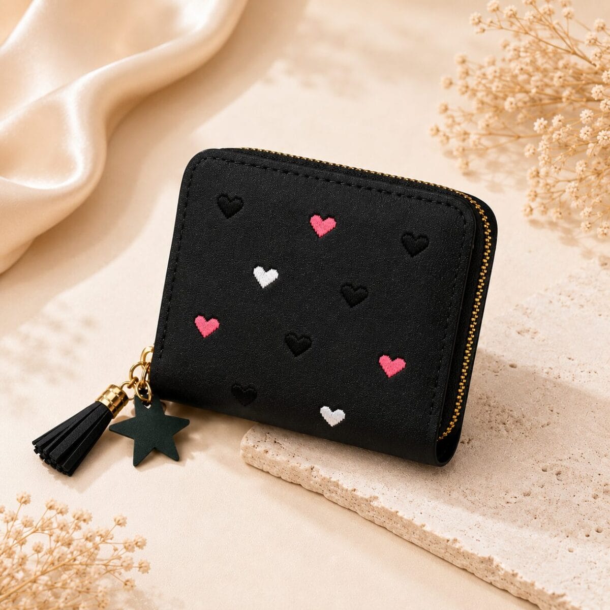 Heart Embroidered Zip Around Mini Wallet for Women &amp; Girls image 3