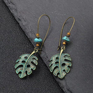 Baroque Boho Retro Antique Bronze Plated Monstera Leaf Waterdrop Earrings image 6