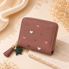 Heart Embroidered Zip Around Mini Wallet for Women &amp; Girls - Purple image