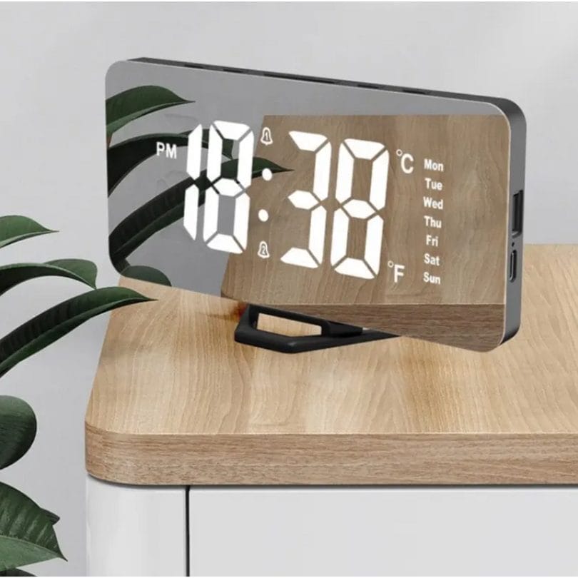 LED Mirror Alarm Clock with USB Charging – Digital Table Clock - Black image