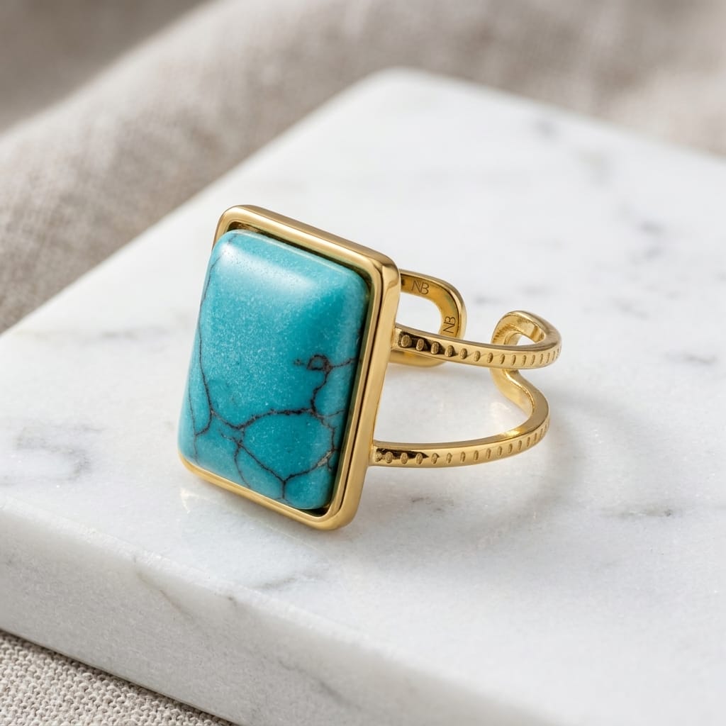 Turquoise Stone Adjustable Ring – Gold Plated Statement Style image 2