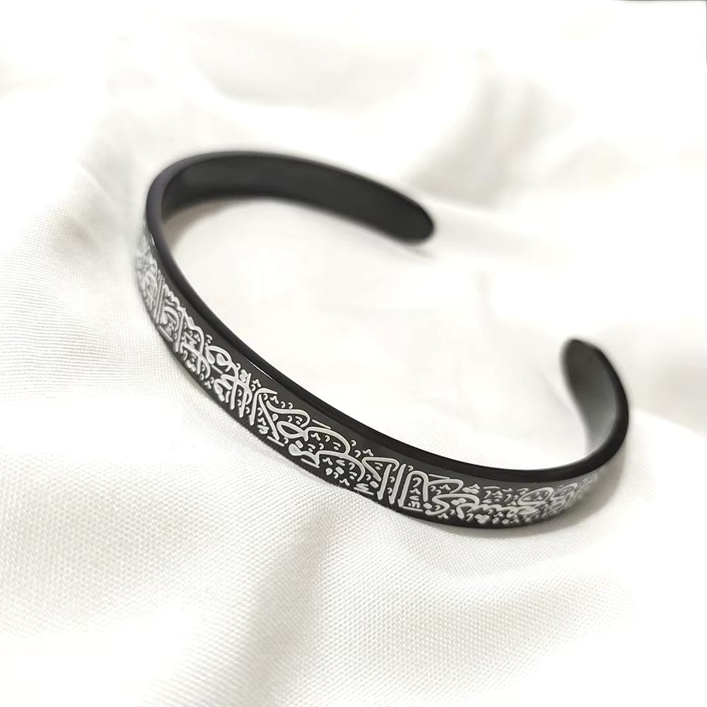 Stainless Steel Bangle Bracelet with Script Engraving (Adjustable) - Black image