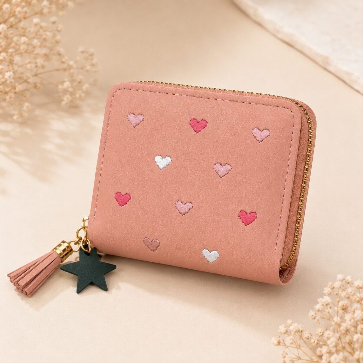 Heart Embroidered Zip Around Mini Wallet for Women &amp; Girls - Pink image