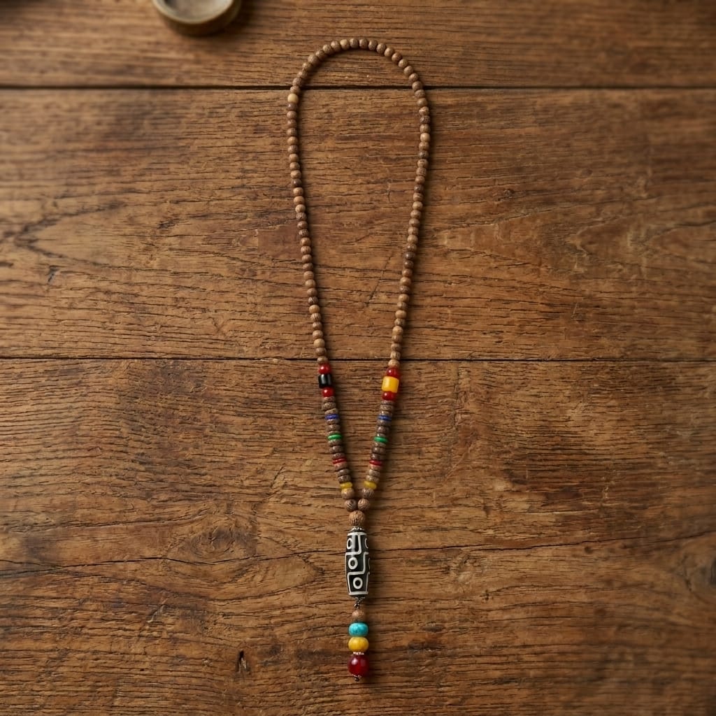 Statement Long Mala Necklace with Tribal Pendant (Boho Style) image 0