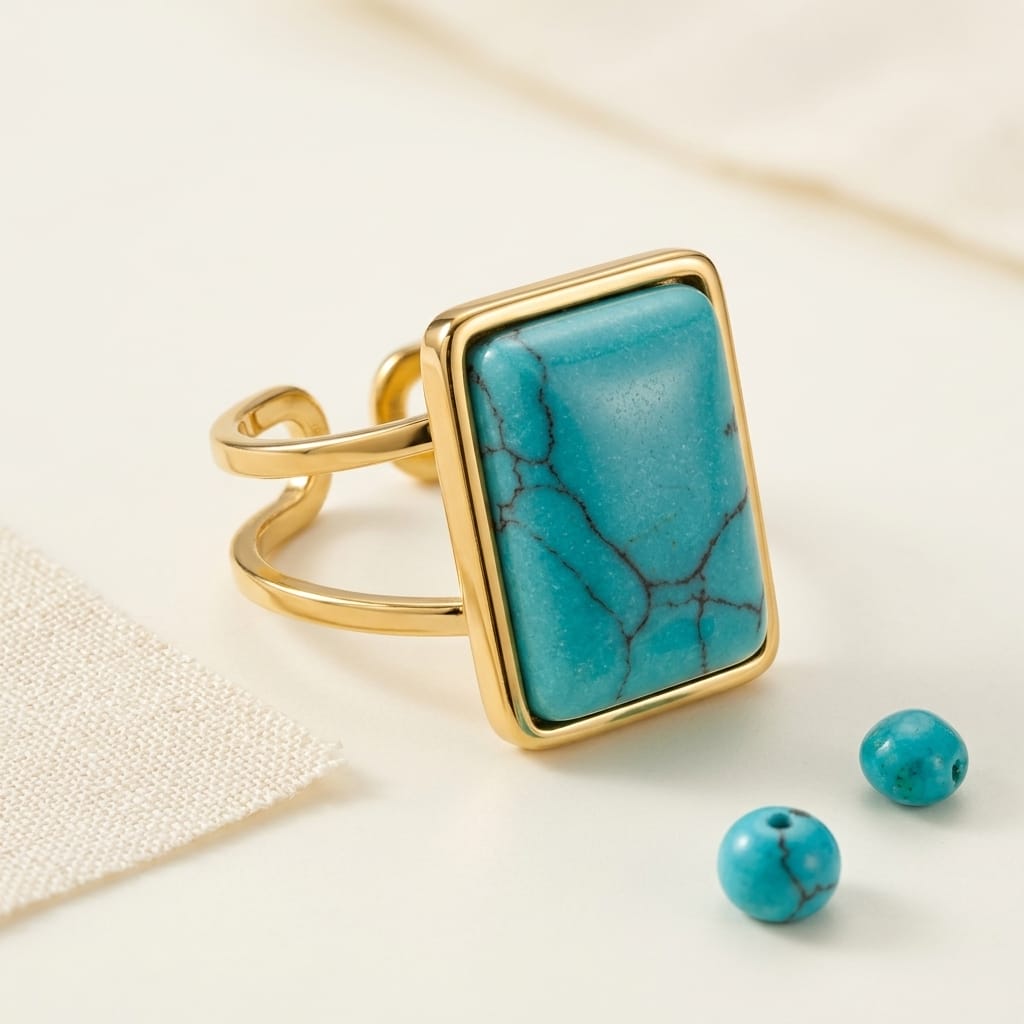 Turquoise Stone Adjustable Ring – Gold Plated Statement Style image 1