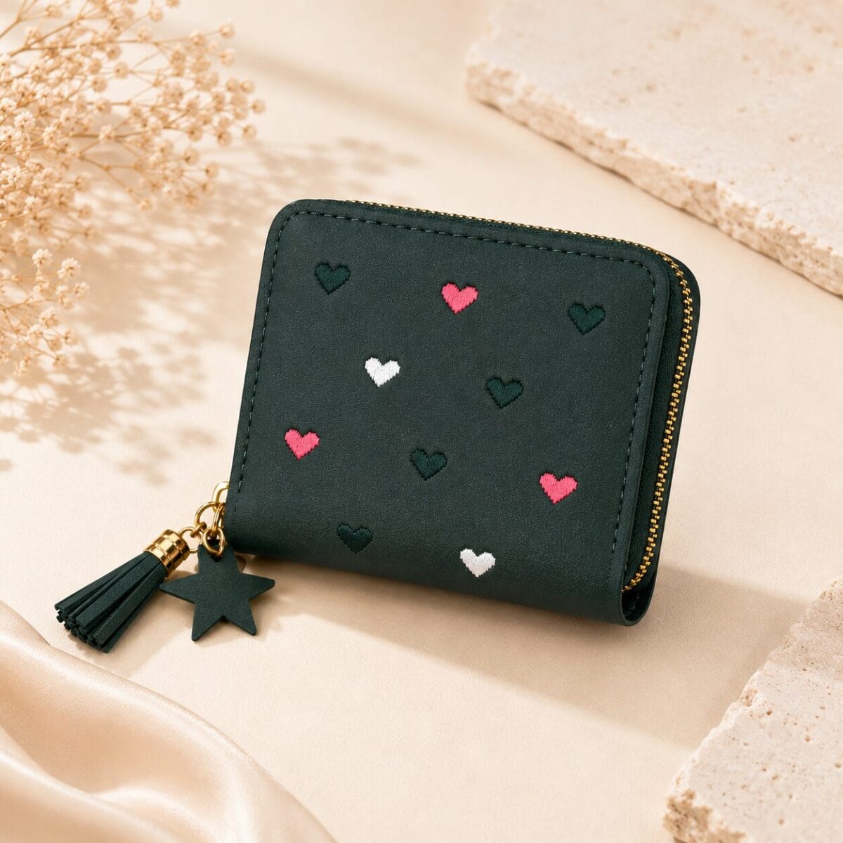 Heart Embroidered Zip Around Mini Wallet for Women &amp; Girls image 4