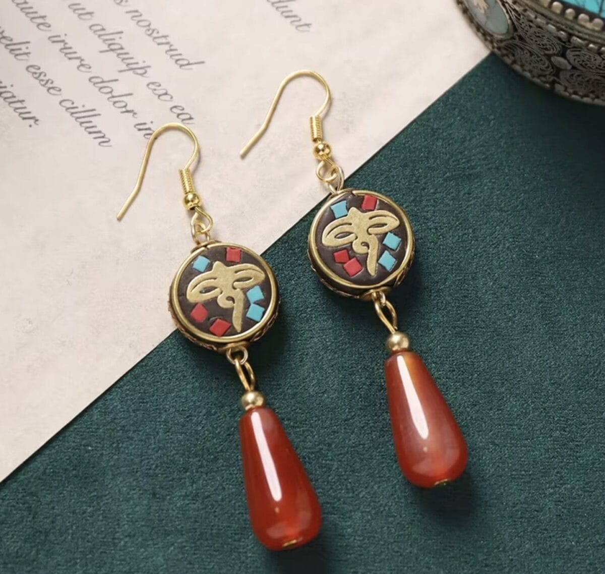 Handmade Enamel Turquoise Drop Earrings Vintage Boho Dangle - Design 7 image