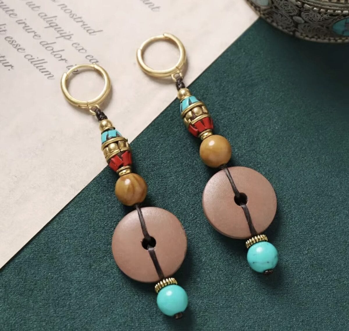 Handmade Enamel Turquoise Drop Earrings Vintage Boho Dangle - Design 2 image