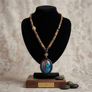Peacock Statement Mala Necklace with Wooden Beads Pendant image 0