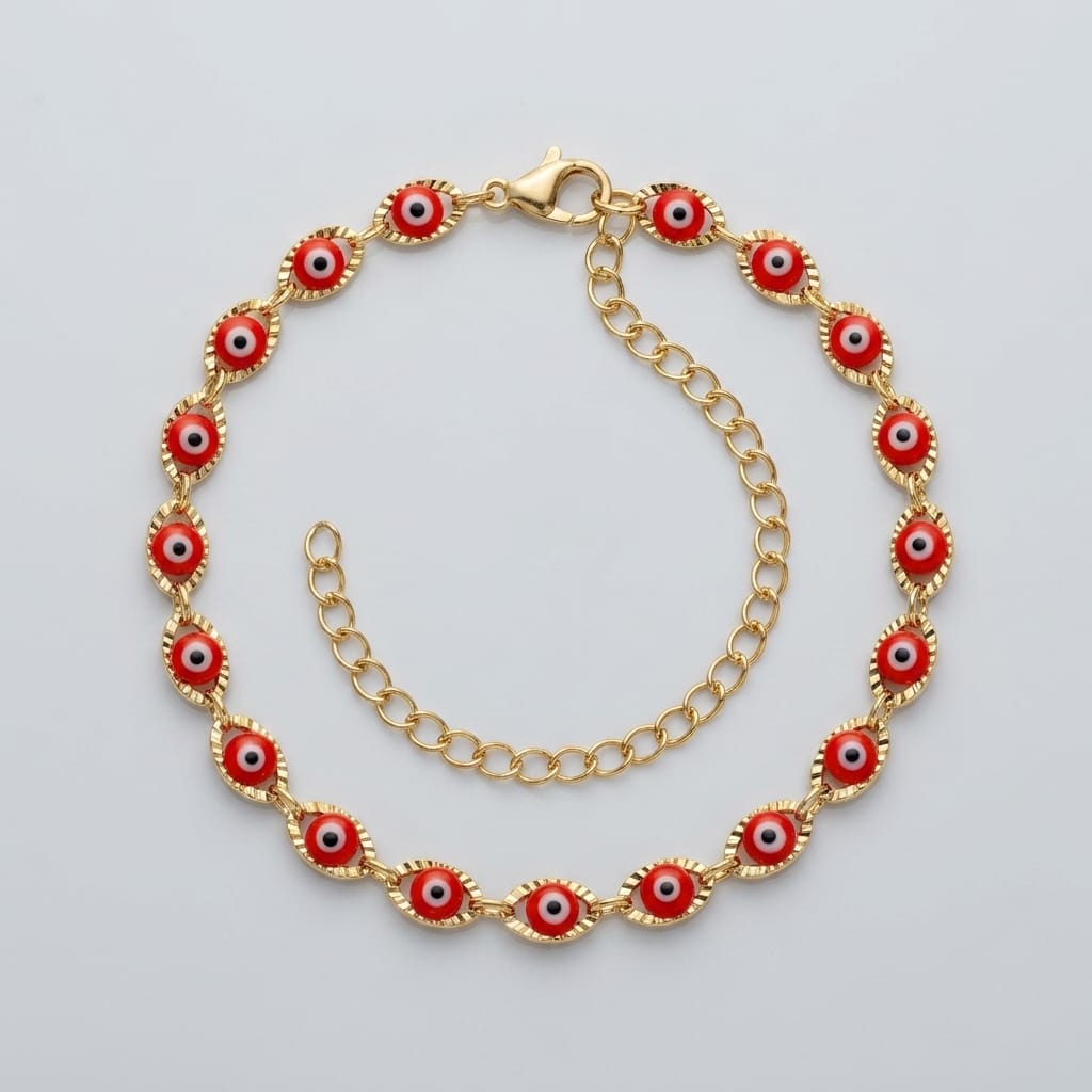 Gold Plated Evil Eye Beaded Bracelet – Protection Charm - Vermilion Red image