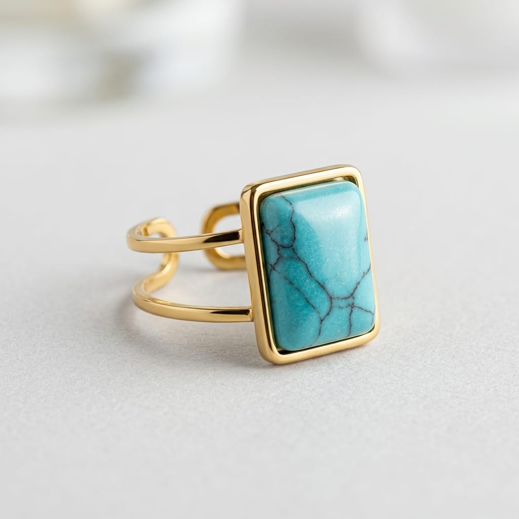 Turquoise Stone Adjustable Ring – Gold Plated Statement Style image 3