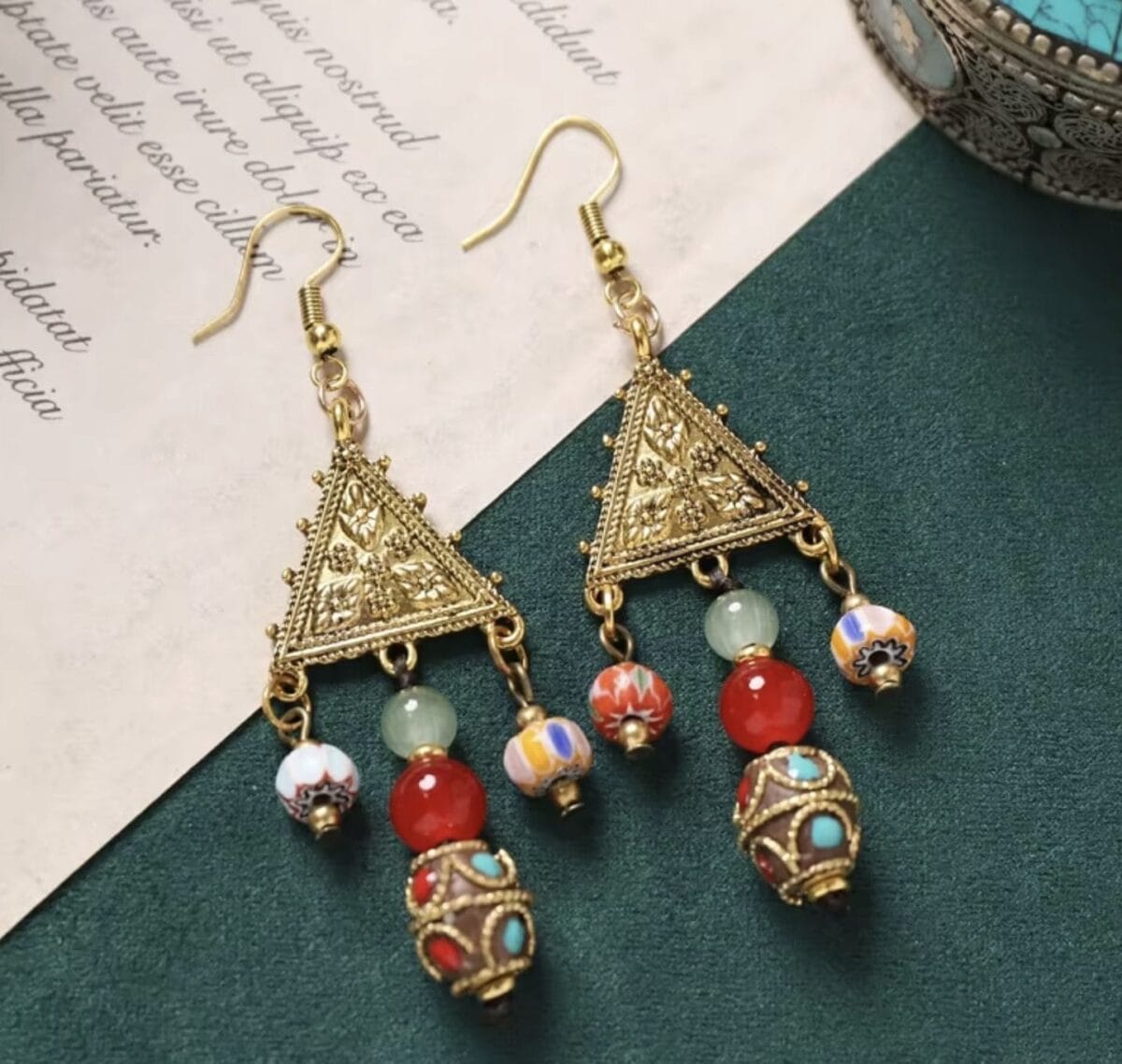 Handmade Enamel Turquoise Drop Earrings Vintage Boho Dangle - Design 10 image