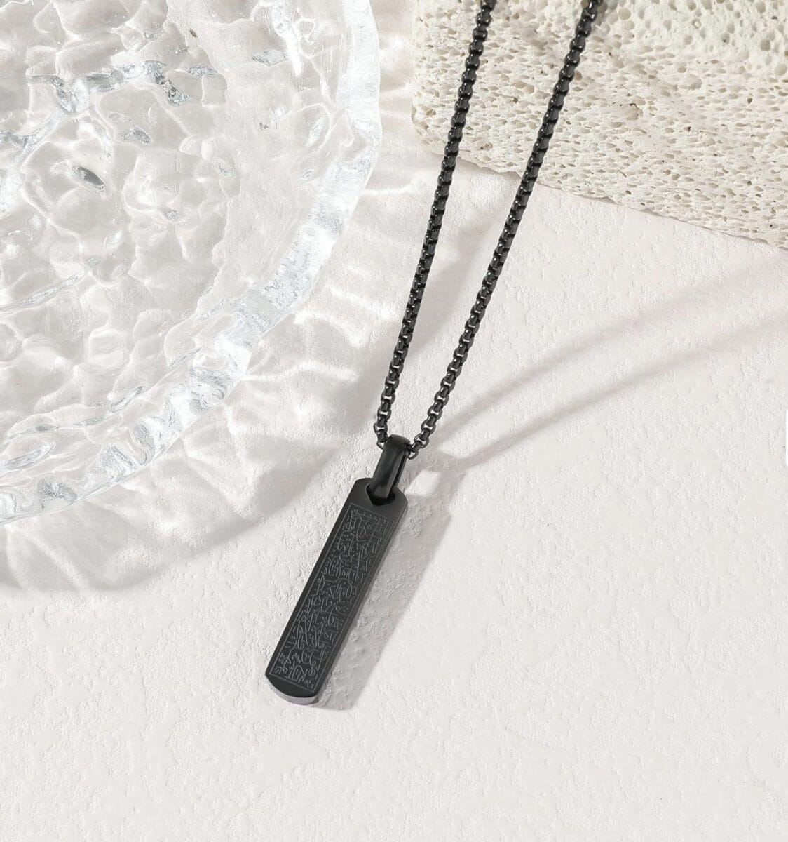 Rectangular Arabic Calligraphy Pendant Necklace – 316L Waterproof Stainless Steel Platinum Plated - Black image